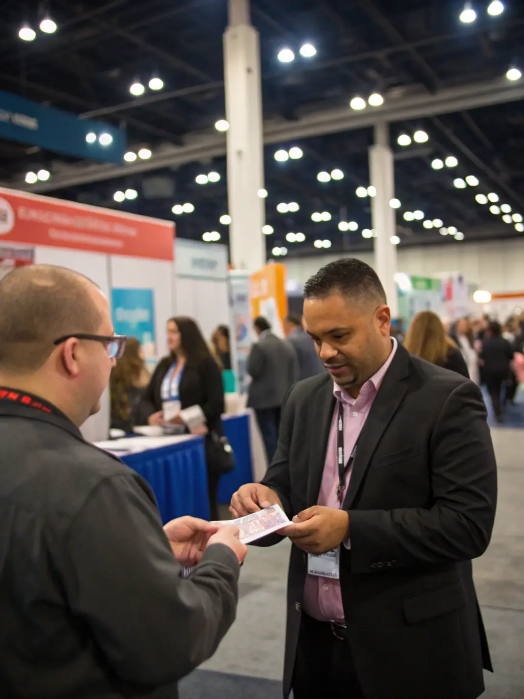 A professional photograph of a business expo, with exhibitors showcasing their products and services to potential investors and partners.