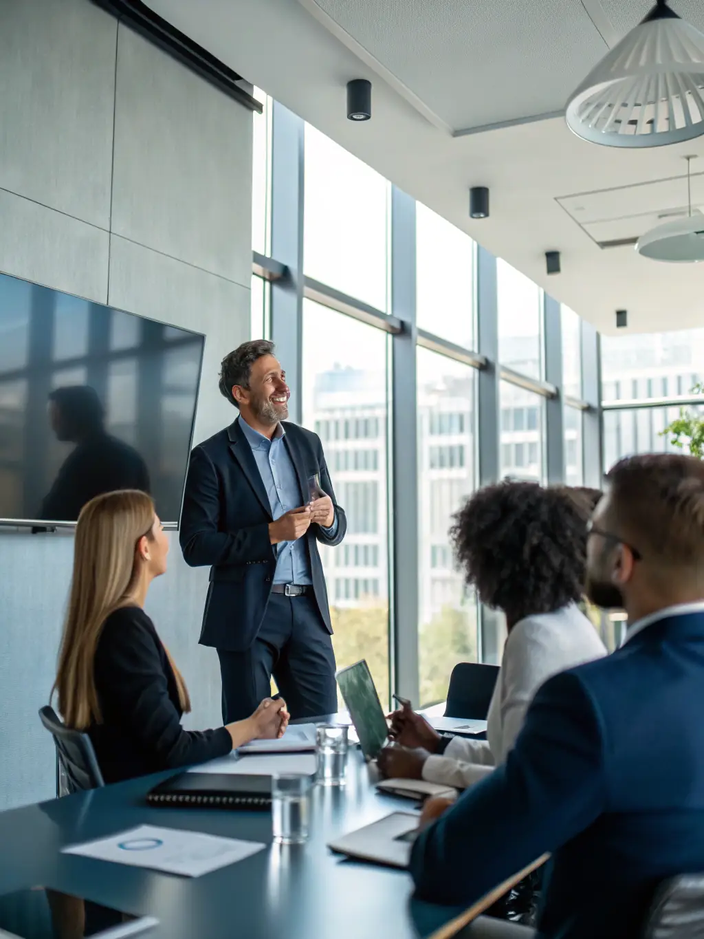 A dynamic image of a business conference, with speakers presenting and attendees actively participating in workshops and seminars.